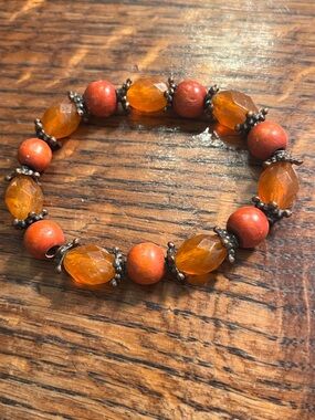 Amber & Coral Bead Stretch Bracelet — Orange Accent